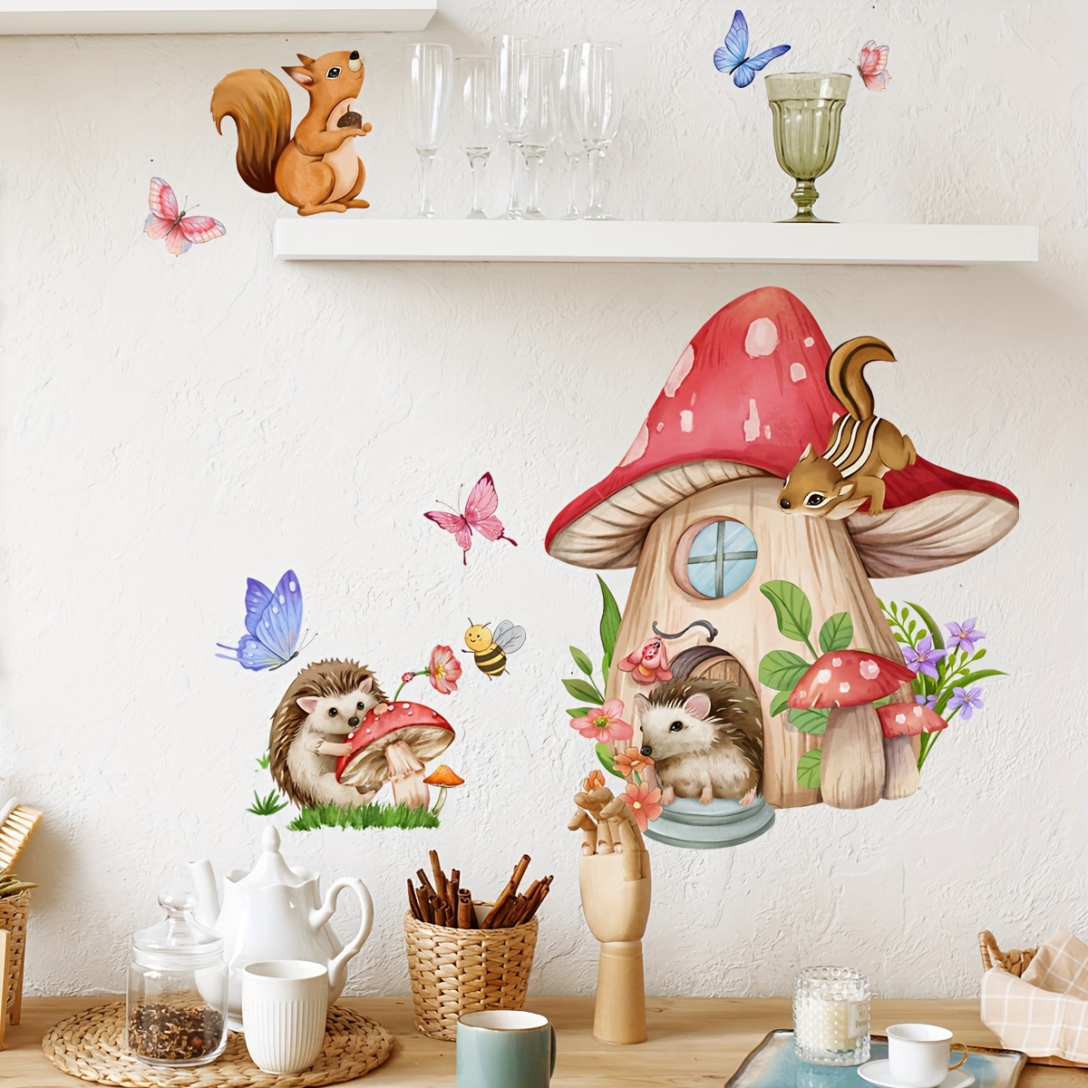 Pvc Panel Background - 1 ピースユニバーサルアニマルキノコ蝶ウォールステッカー背景壁リビングルームルーム装飾ウォールステッカー自己粘着ウォールステッカー